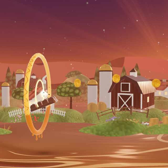 Chocolate Dunk on Milk River: the chocolate bar threads the glowing centre of a gold hoop above the chocolate river, with a windmill, silos and a red barn under a sunset sky.