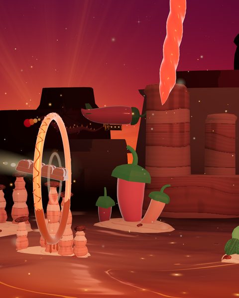 Chili Heaven: the bar heads into a hoop past giant chili-pepper plants and rock pillars, with a hanging chili, a chili-pepper airship and red mesas behind.