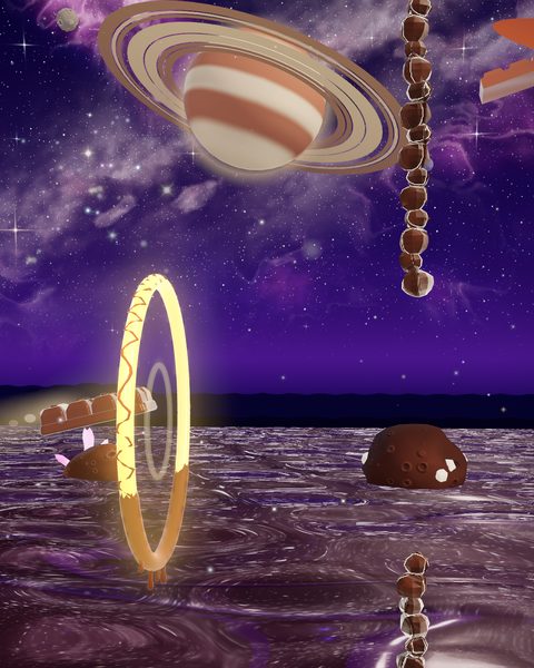 Cocoa Cosmos: the bar approaches a glowing gold hoop on a starry chocolate river, with a ringed planet, a chain of chocolate asteroids and a cratered asteroid in the river.