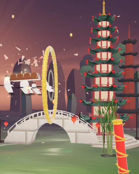 Jade Dynasty: the bar flies with white cranes toward a gold hoop, past a stone bridge, a tall red-and-cream pagoda, bamboo and paper lanterns.