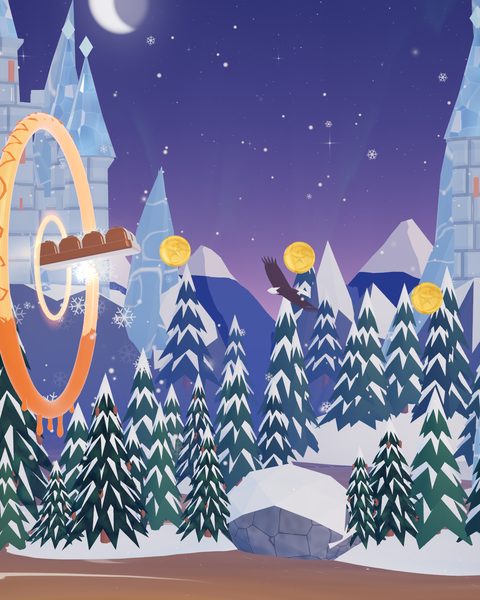 Frost Peaks: the bar passes through an orange hoop in front of an ice castle, with snowy pines, icy peaks and an eagle under a crescent moon.