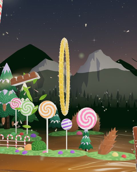 Sugar Grove: the bar lines up with a gold hoop in front of giant swirly lollipops, a candy-cane fence, snowy pines and grey mountains at dusk.