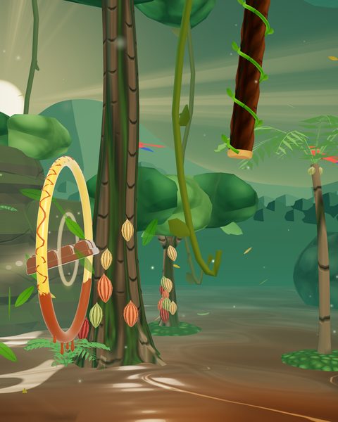 Cocoa Jungle: the bar passes through a gold hoop beside a giant cocoa tree hung with pods, with vines and palms behind.