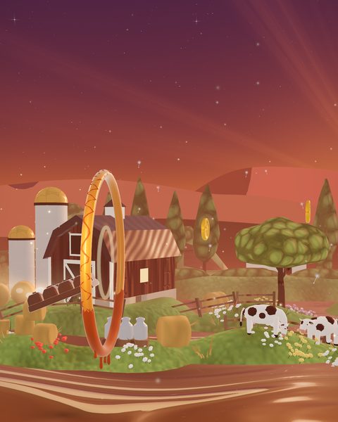 Milk River: the chocolate bar dives through a gold hoop in front of a red barn and silos, with cows grazing beside the chocolate river.