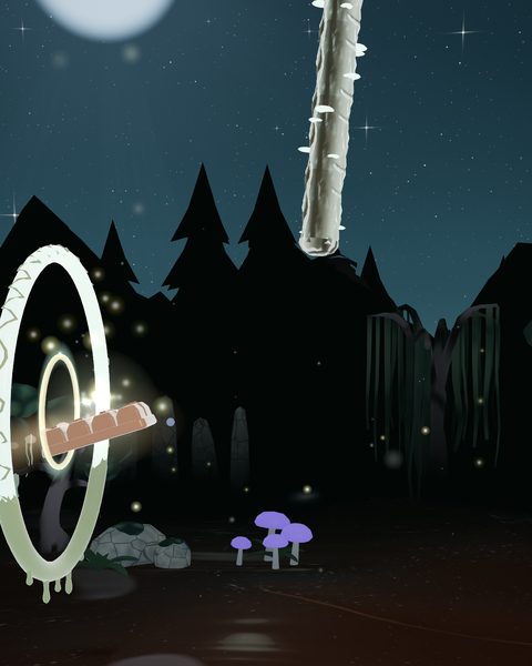 Mistwood: the bar threads a pale glowing hoop in a dark moonlit forest, with a spiked log hanging above and purple mushrooms below.