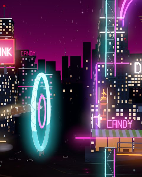 Neon Sprawl: the bar heads into a glowing cyan hoop in front of neon-lit skyscrapers and CANDY signs at night.