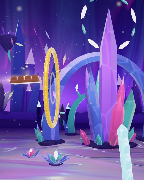 Prism Vault: the bar flies toward a gold hoop in front of a crystal arch and a giant violet crystal, under an aurora.
