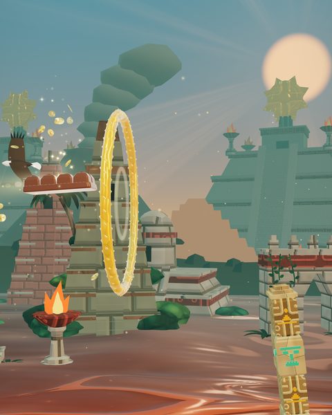 Sun Temple: the bar heads for a gold hoop past a burning brazier and ruined stone walls, with a stepped pyramid, an eagle and a low sun behind.